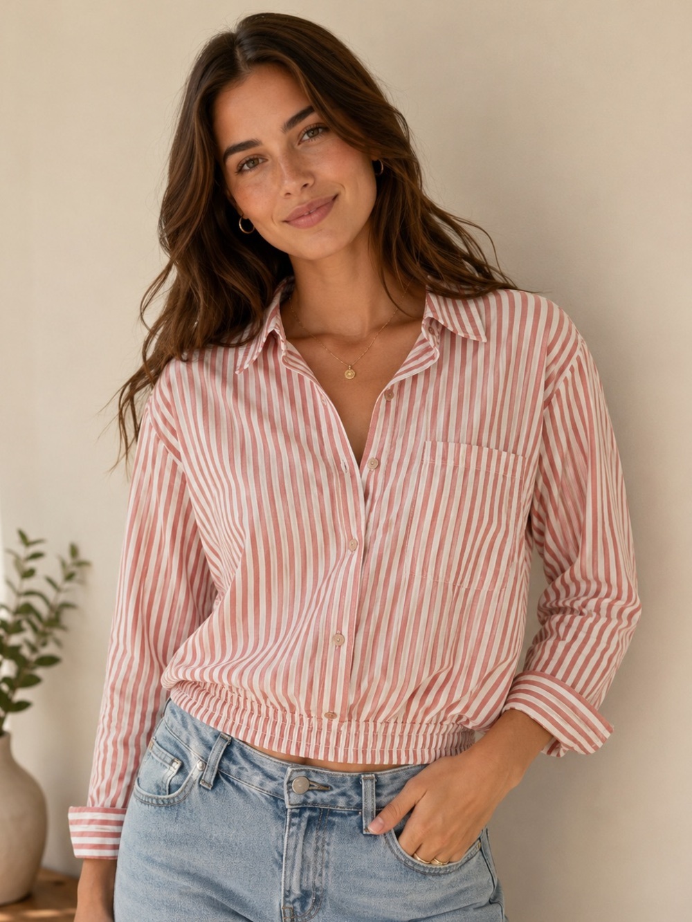 Solai Pink White Stripe Button Front Shirt Relaxed Cotton Oversized Size L
